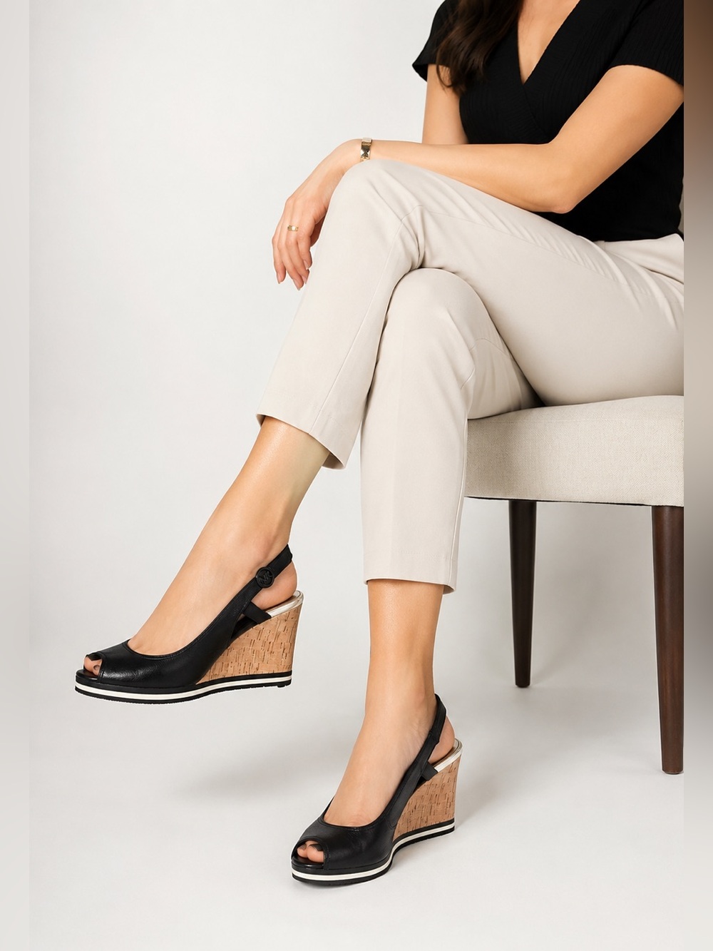 MICHAEL Michael Kors Black Peep Toe Leather Wedge Size 9.5